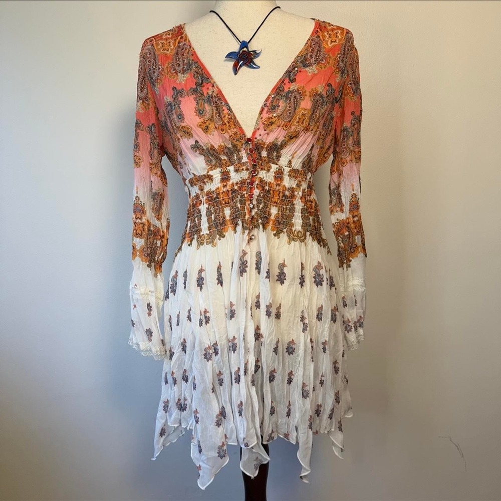 V Christina Coral Paisley Beaded Sequin Handkerchief Hem Tunic Mini Dress Small